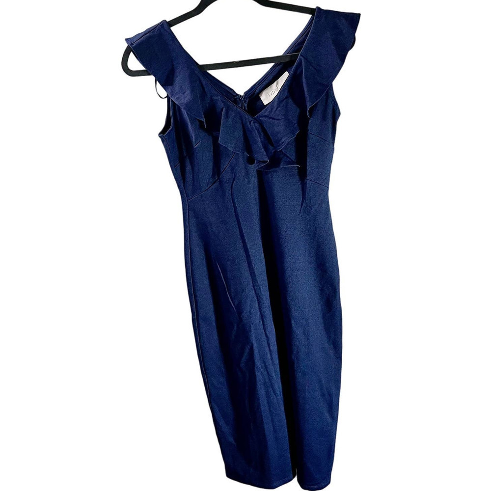 NWT Superfoxx SZ S Blue Ruffle Collar Midi Dress Bodycon Back Slit V Neck